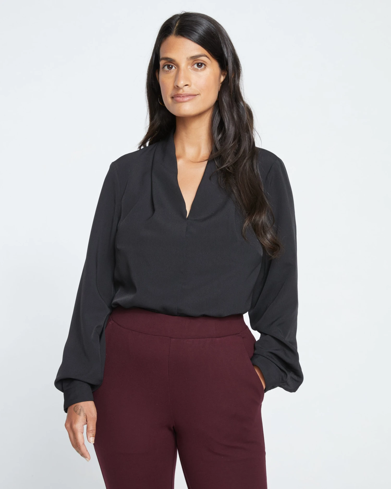 Better-Than-Silk Long Sleeve V-Neck Top - Black