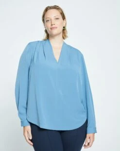 Better-Than-Silk Long Sleeve V-Neck Top - Cornflower