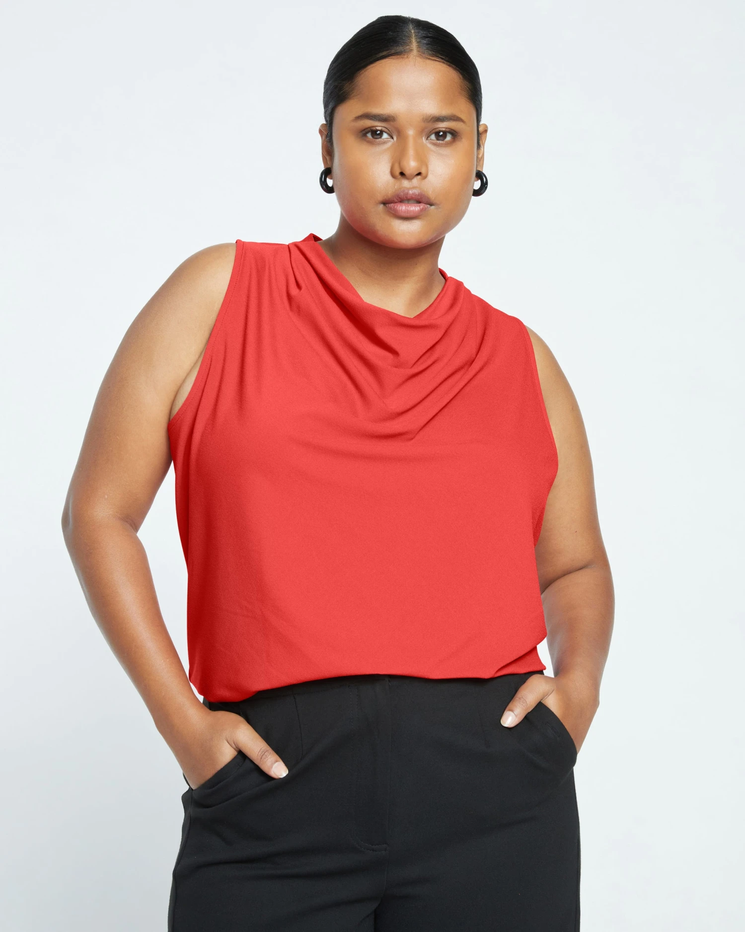 Crepe Jersey Cowl Tank Blouse - Vermilion Red 1 Crepe Jersey Cowl Tank Blouse - Vermilion Red