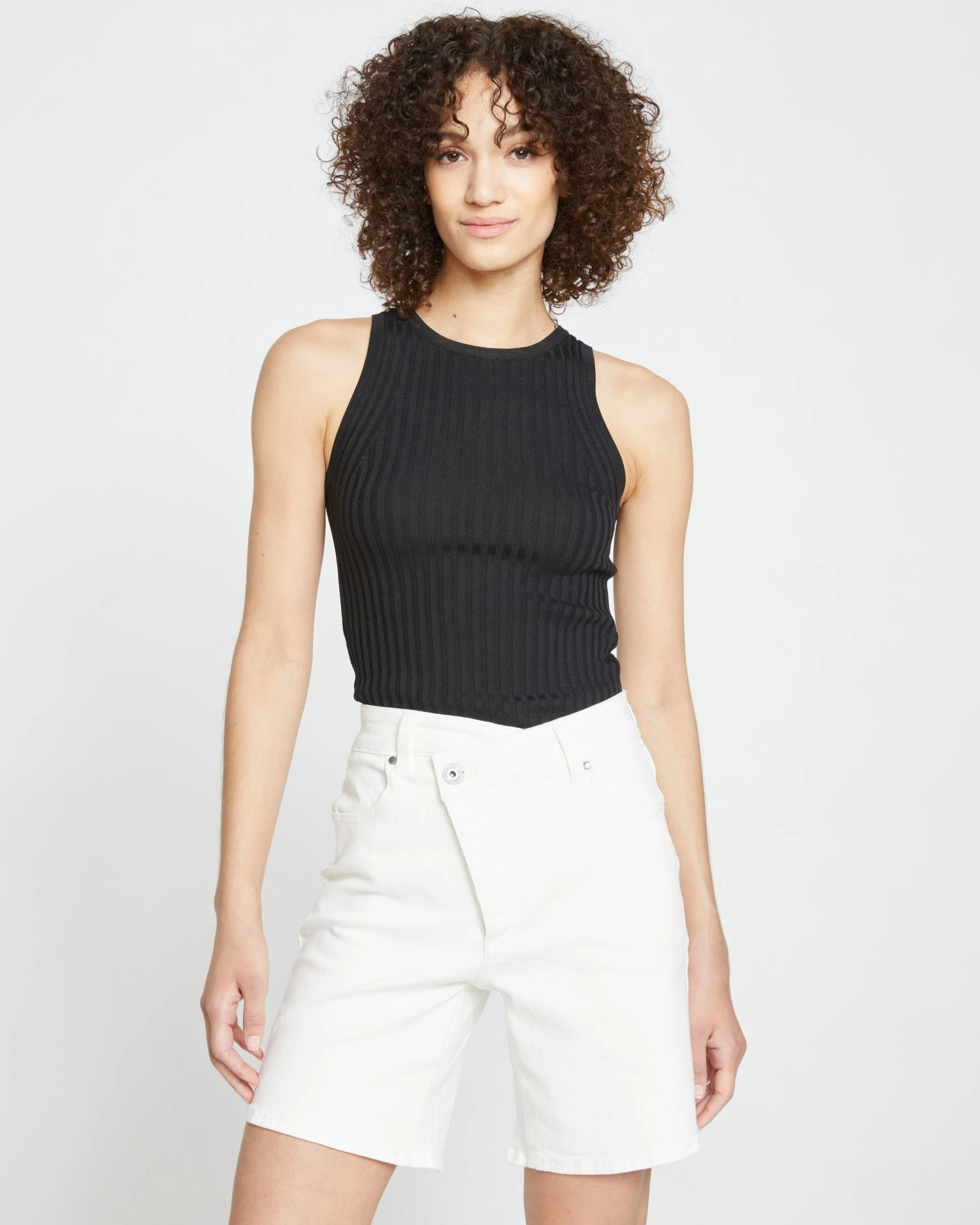 Katie High Rise Crossover Denim Shorts - White - Image 2