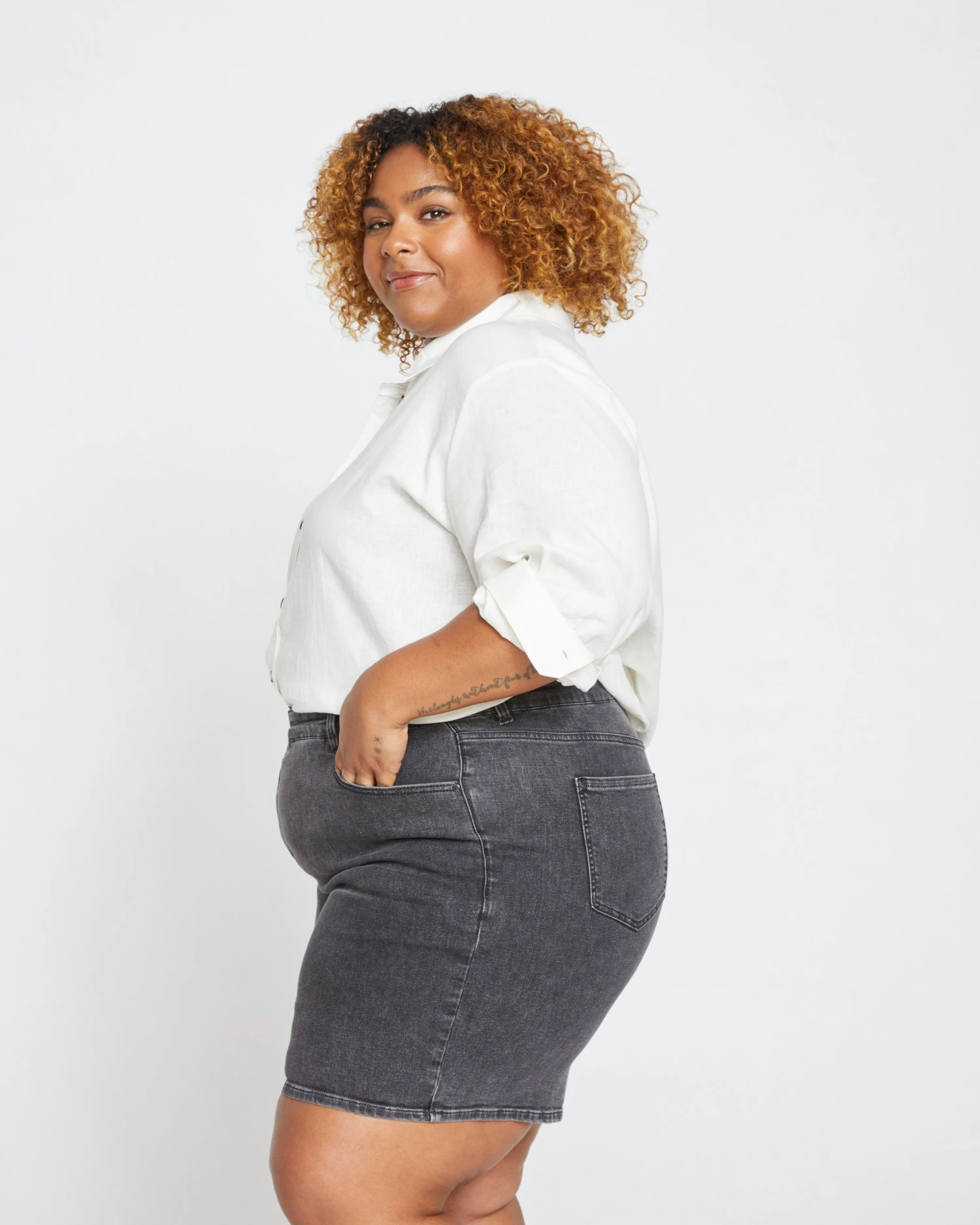 Katie High Rise Crossover Denim Shorts - Washed Black - Image 6