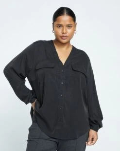 Cooling Stretch Cupro Button-Down Blouse - Black -ChicLuxe Store Cupro Marta Button Down Blouse Black USTO1422 001 002 004 2048x