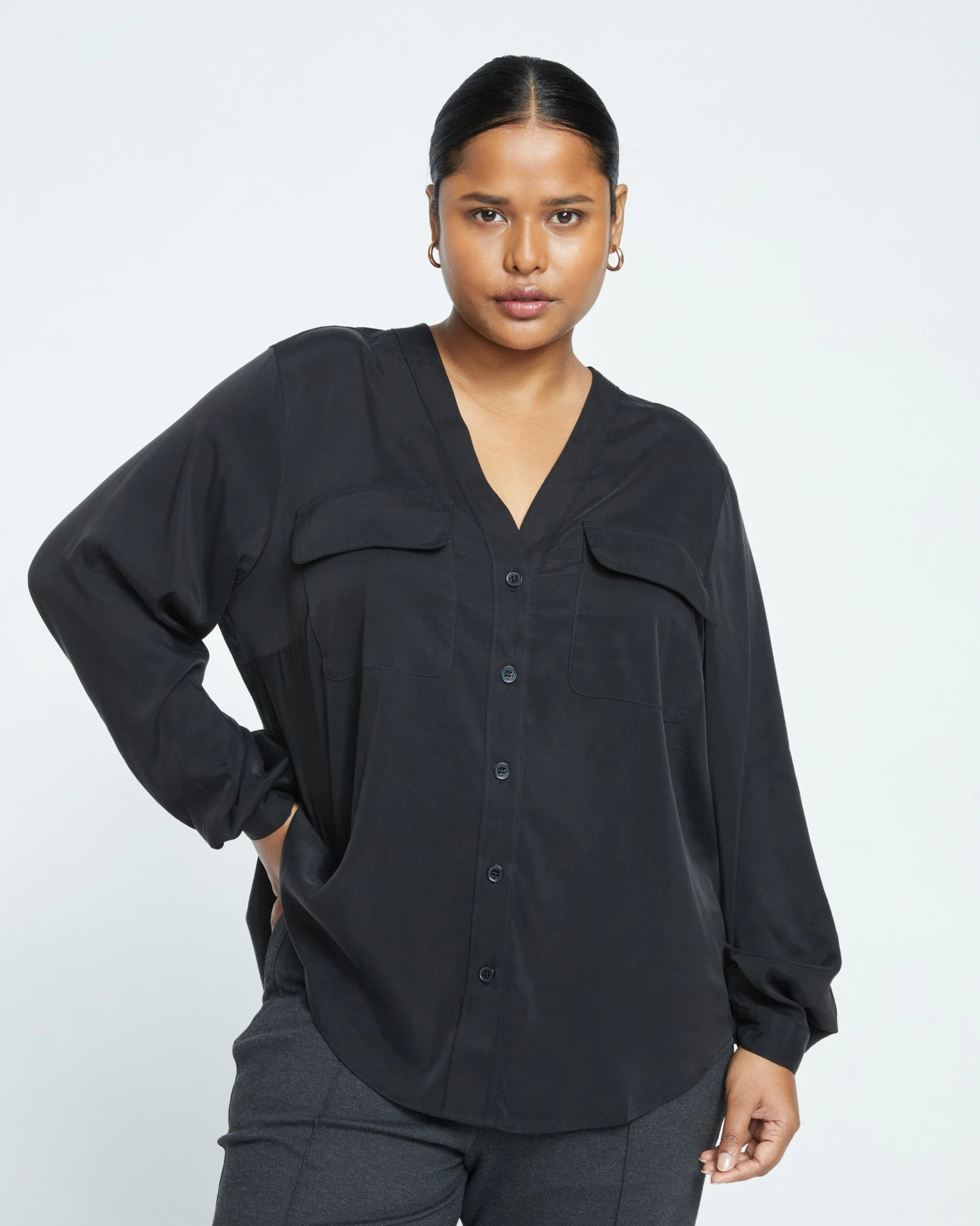 Cooling Stretch Cupro Button-Down Blouse - Black - Image 3