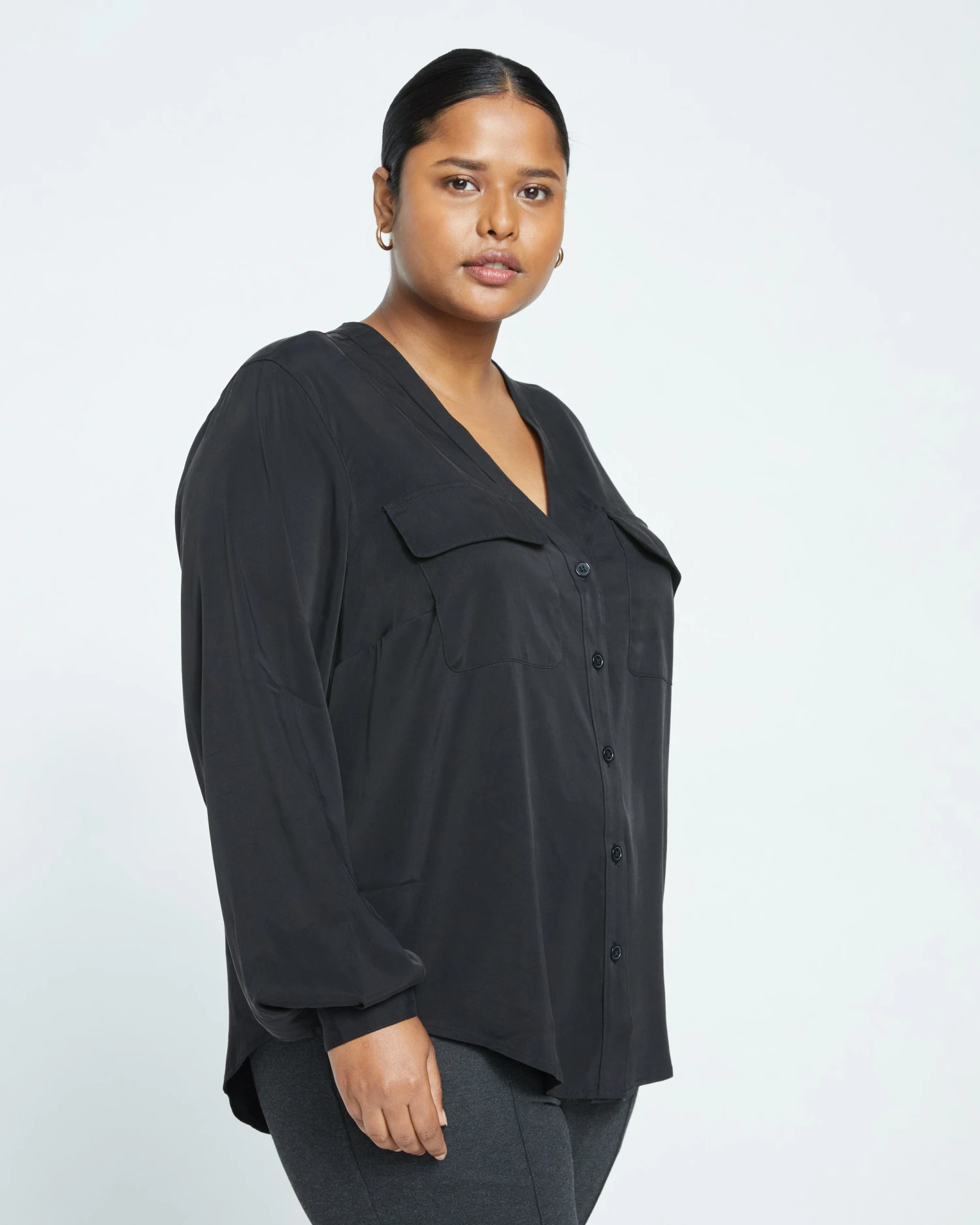 Cooling Stretch Cupro Button-Down Blouse - Black - Image 4
