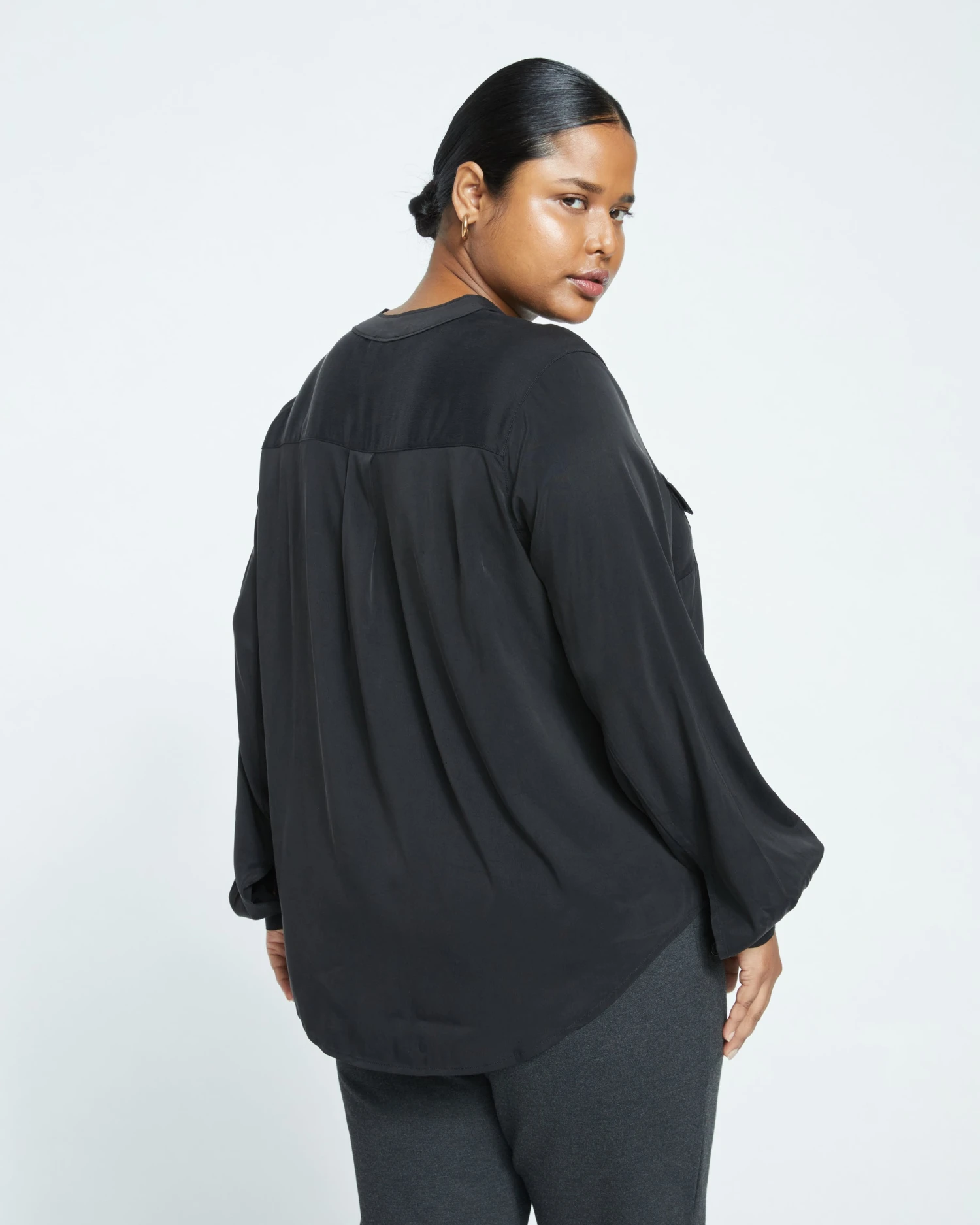 Cooling Stretch Cupro Button-Down Blouse - Black - Image 5