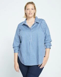 Elbe Popover Stretch Poplin Shirt Classic Fit - Bleu Scolaire/White Stripe