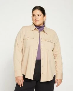 Ava Cotton Jersey Button-Down Shirt - Barley
