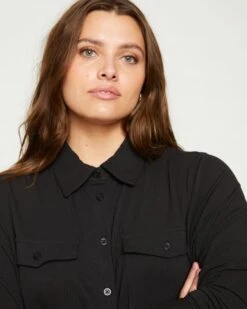 Ava Cotton Jersey Button-Down Shirt - Black
