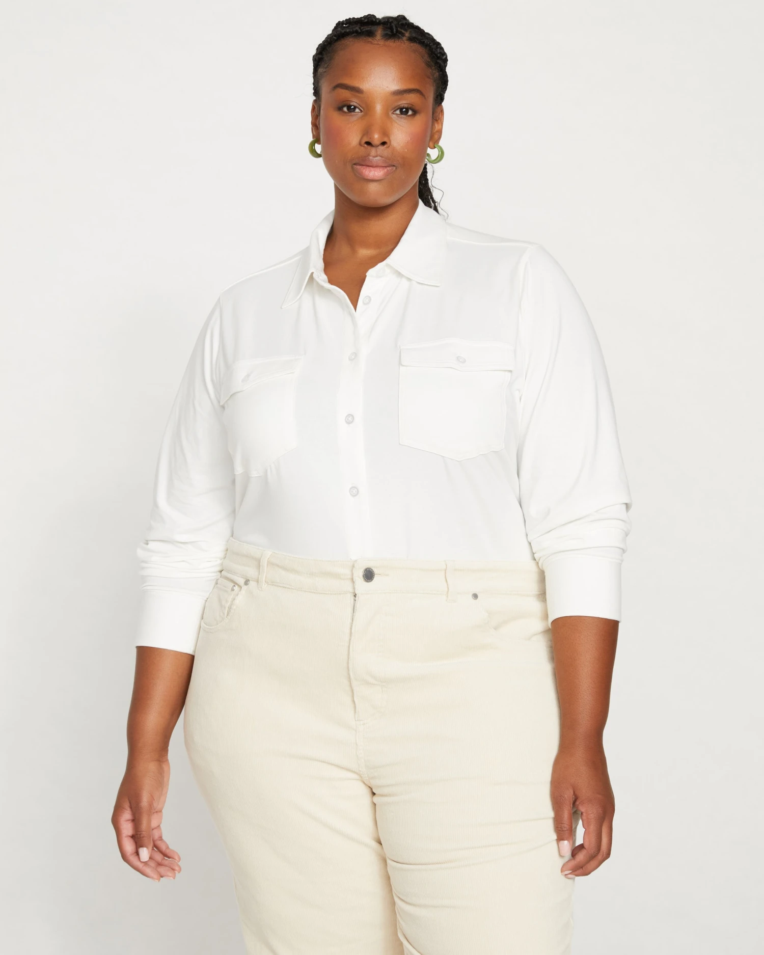 Ava Cotton Jersey Button-Down Shirt - White 2 Ava Cotton Jersey Button-Down Shirt - White - Image 2