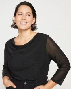 Sparkle Jersey-Lined Fine Mesh Cowl Top - Black