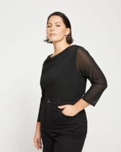 Sparkle Jersey-Lined Fine Mesh Cowl Top - Black -ChicLuxe Store Mesh Cowl Neck Top Black USTO1530 001 003 018 2048x