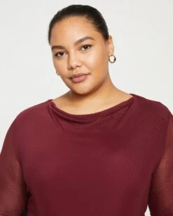 Sparkle Jersey-Lined Fine Mesh Cowl Top - Rioja