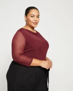 Sparkle Jersey-Lined Fine Mesh Cowl Top - Rioja -ChicLuxe Store Mesh Cowl Neck Top Zinfandel USTO1530 577 003 044 2048x