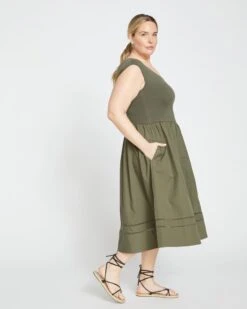 Chloe Combo Dress - Tarragon -ChicLuxe Store Mixed Fabric Dress Soft Olive USDR1329 536 003 021 2048x