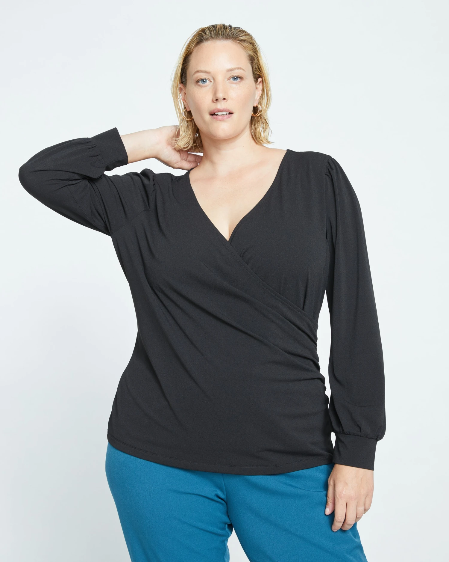 Crepe Jersey Gathered V-Neck Blouse - Black 2 Crepe Jersey Gathered V-Neck Blouse - Black - Image 2