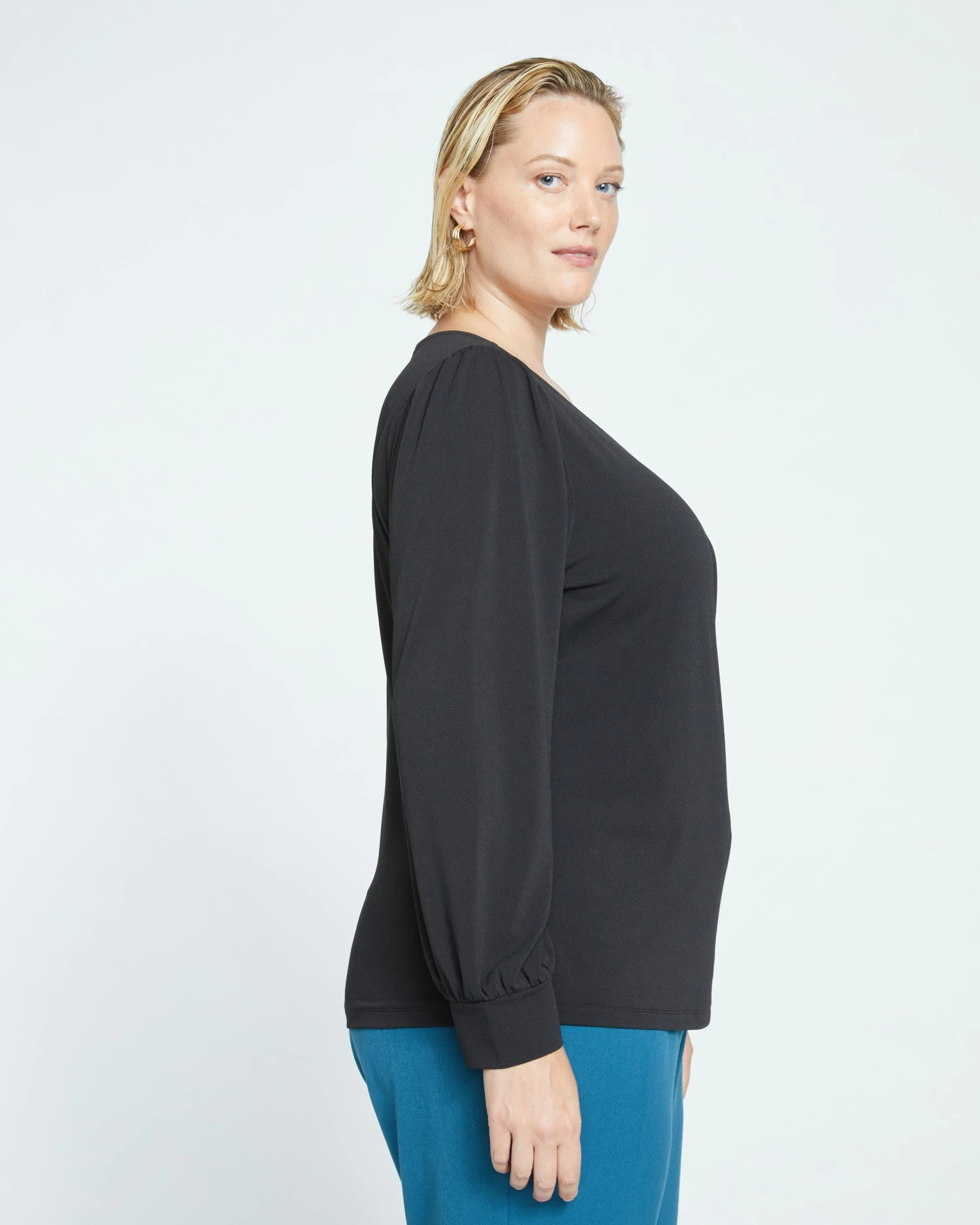 Crepe Jersey Gathered V-Neck Blouse - Black 3 Crepe Jersey Gathered V-Neck Blouse - Black - Image 3