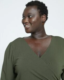 Crepe Jersey Gathered V-Neck Blouse - Evening Forest