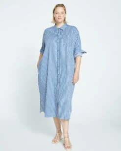 Odeon Stretch Poplin Shirtdress - Bleu Scolaire/White Stripe