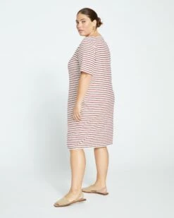 Belle Breton-Stripe Compact Jersey Dress - Ecru/Burgundy Stripe -ChicLuxe Store Short Sleeve Bella Boatneck Dress Ecru Burgundy USDR1232B 571 003 014 2048x