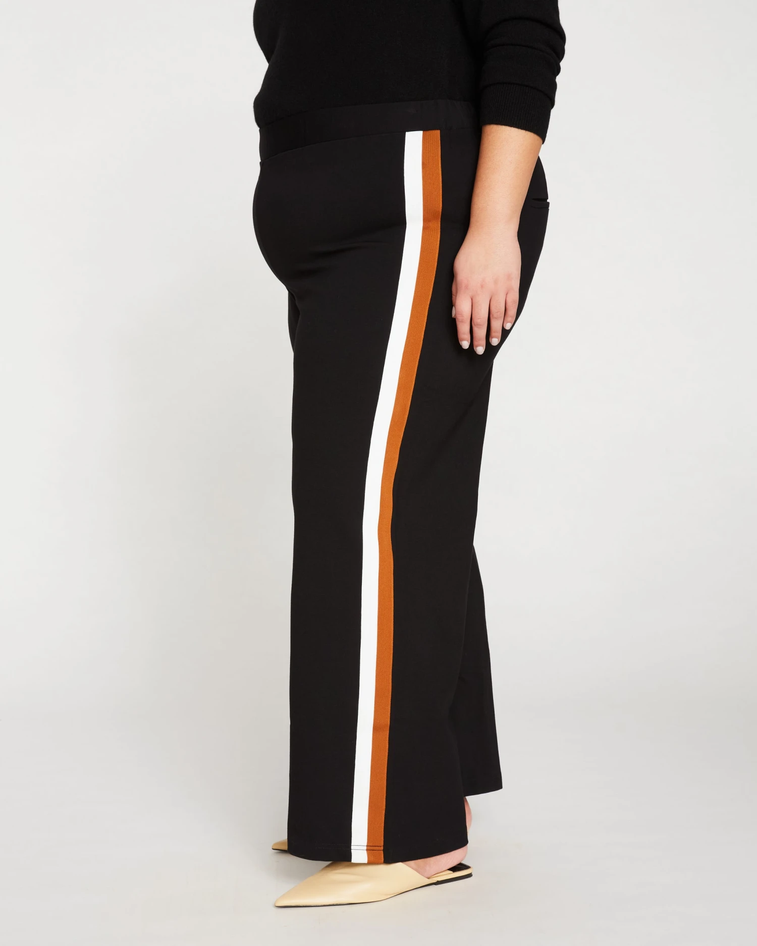 Stephanie Wide Leg Stripe Ponte Pants 30 Inch - Black With Ochre/White Stripe - Image 4