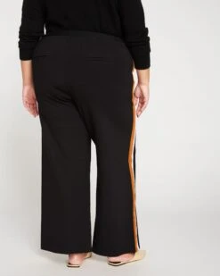 Stephanie Wide Leg Stripe Ponte Pants 30 Inch - Black With Ochre/White Stripe -ChicLuxe Store Stephanie Wide Leg Stripe Ponte Pants Caramel White Stripe USPA0553 001 004 025 2048x