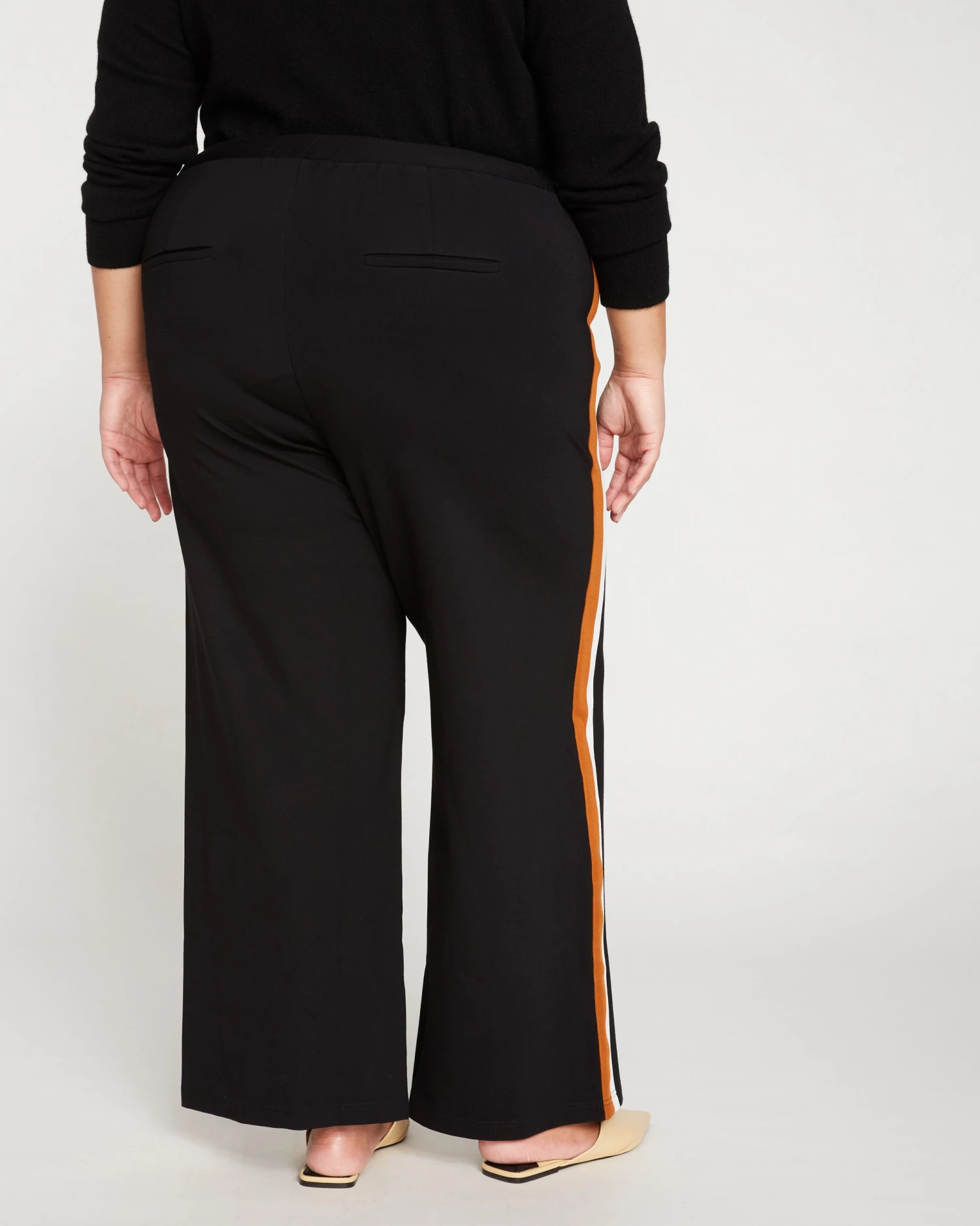 Stephanie Wide Leg Stripe Ponte Pants 30 Inch - Black With Ochre/White Stripe - Image 5