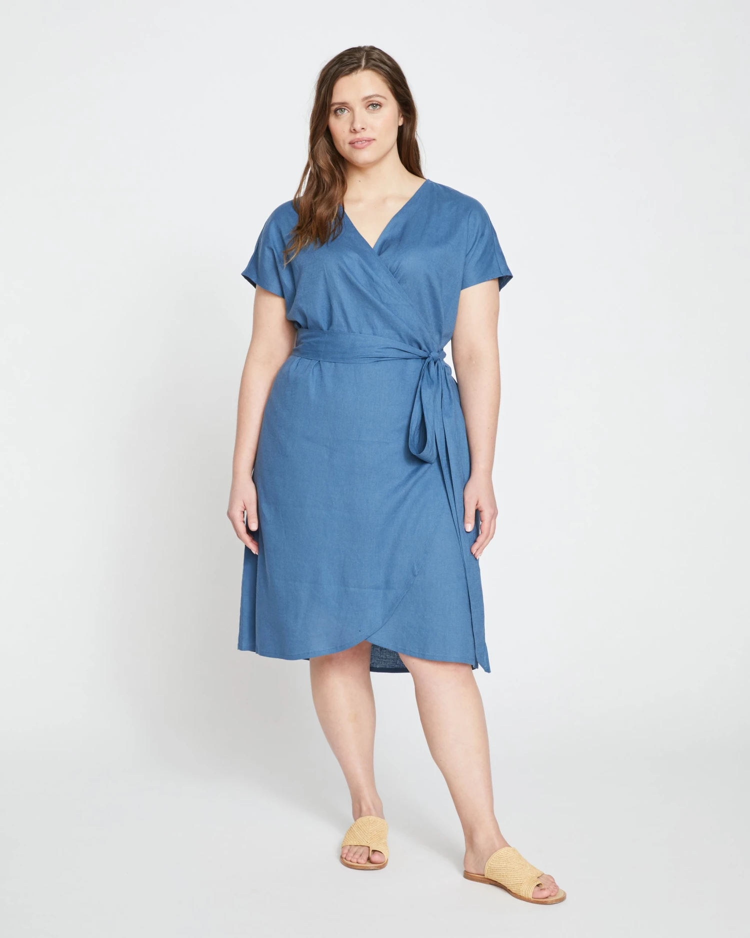 Tulip Hem Linen Wrap Dress - Bleu Scolaire